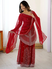 Glamorous Red Embroidered Georgette Festive Wear Palazzo Suit