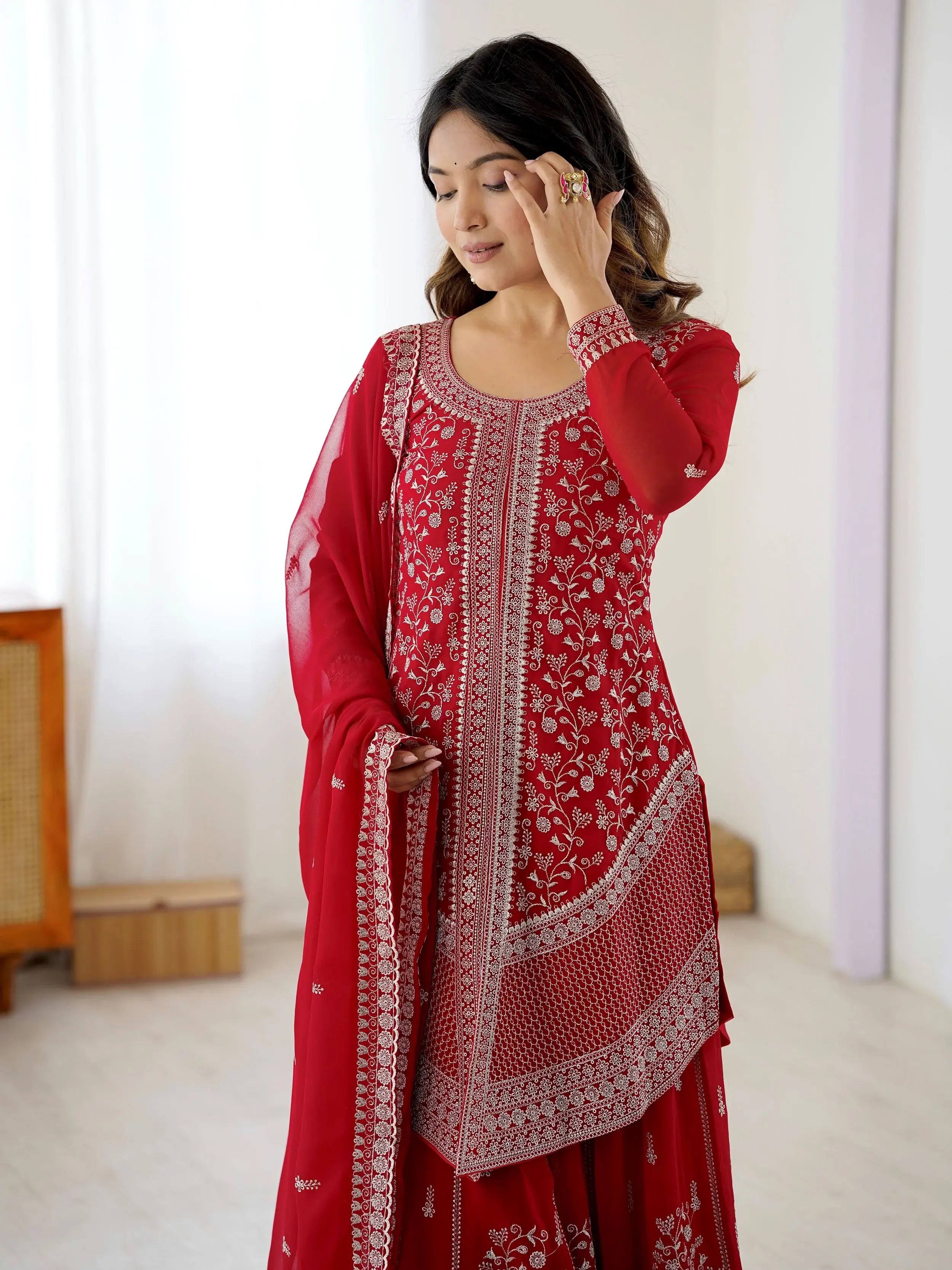 Glamorous Red Embroidered Georgette Festive Wear Palazzo Suit