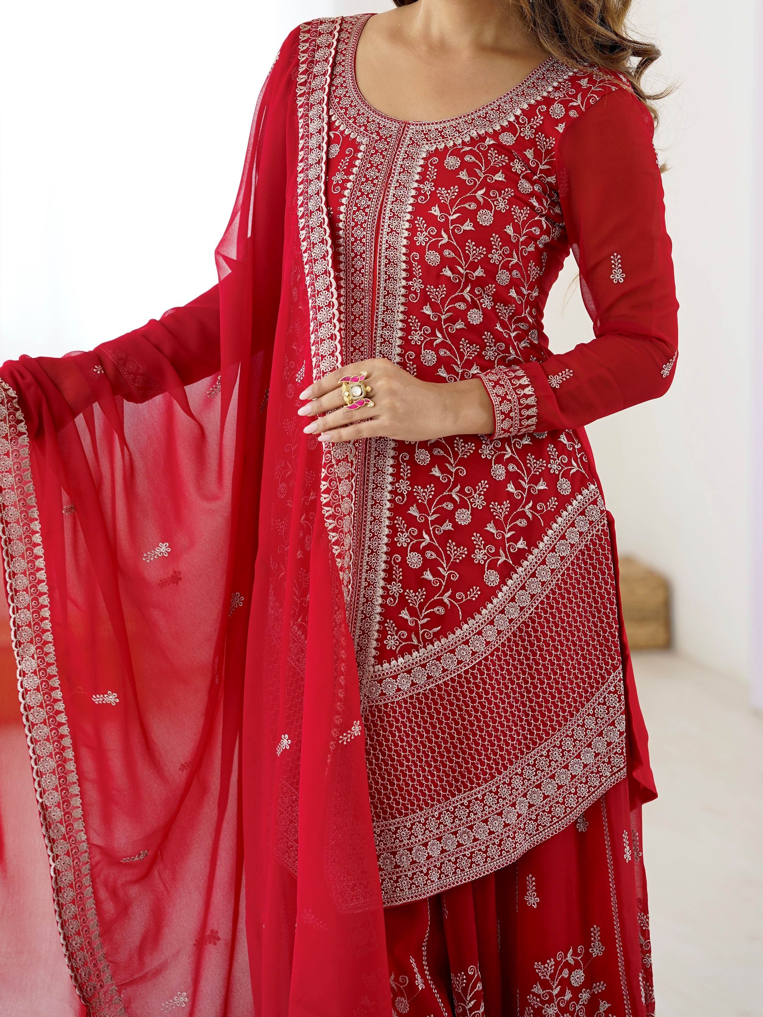Glamorous Red Embroidered Georgette Festive Wear Palazzo Suit