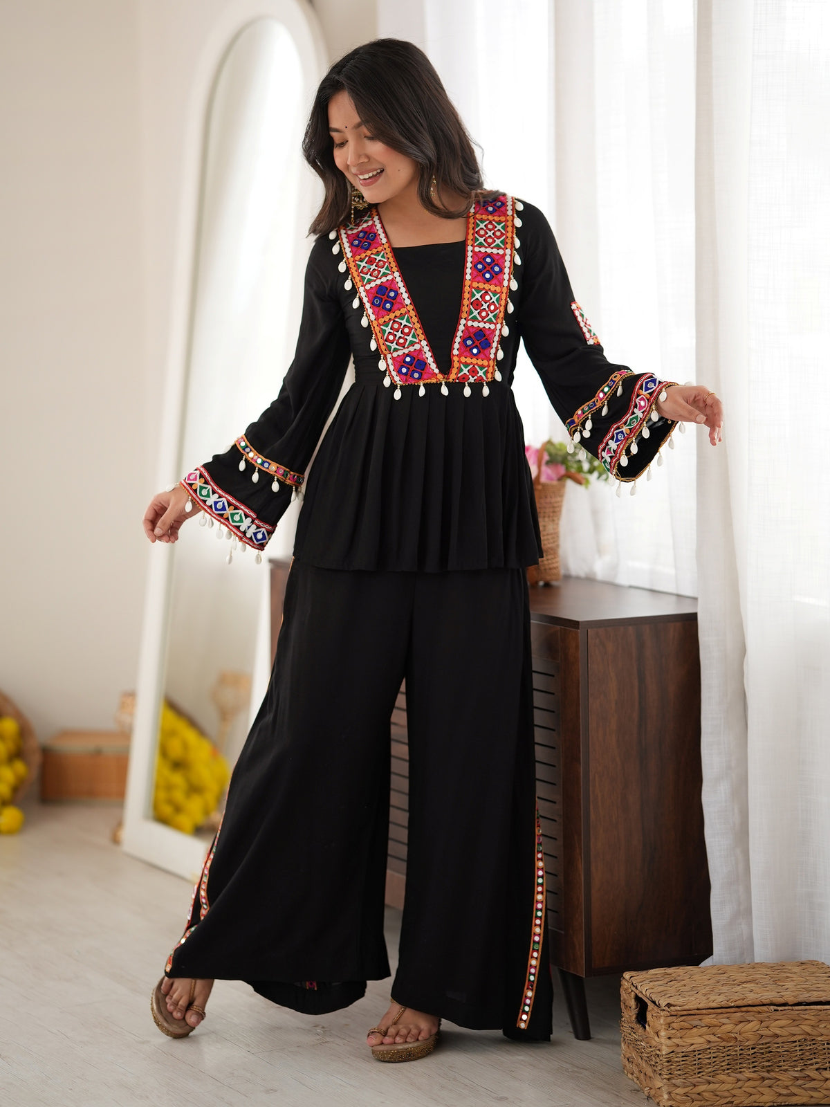 Dazzling Black Thread Work Rayon Navratri Special Palazzo Top Set