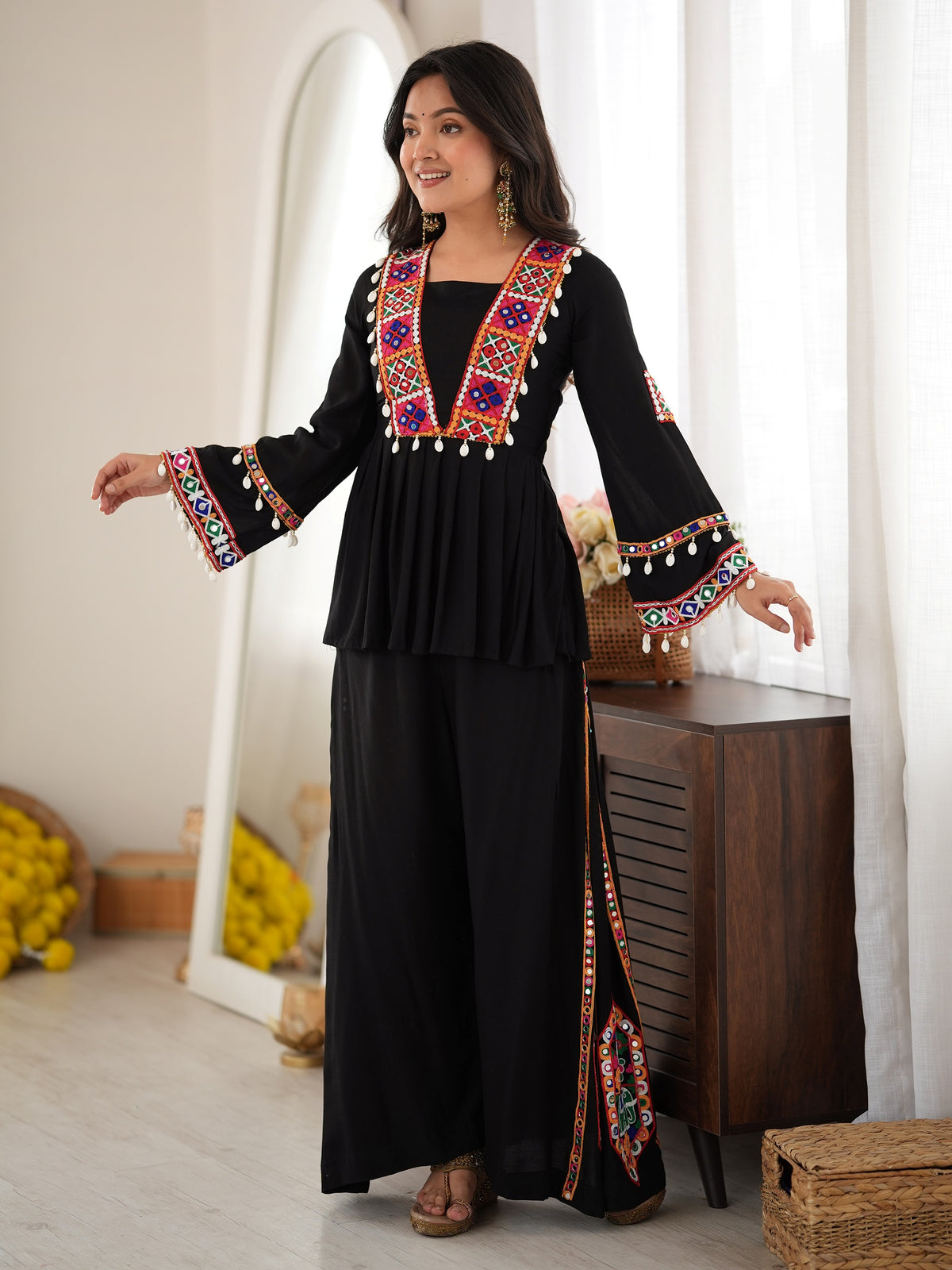 Dazzling Black Thread Work Rayon Navratri Special Palazzo Top Set