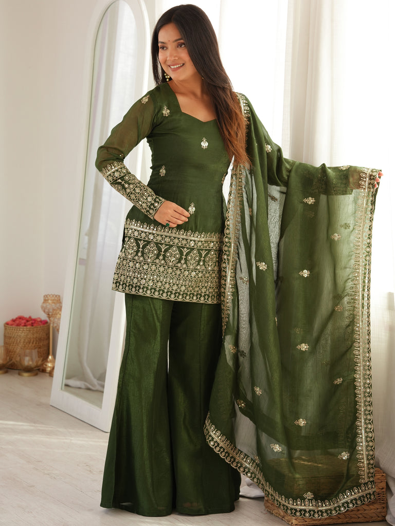 Stupendous Green Zari Work Silk Mehendi Wear Palazzo Suit