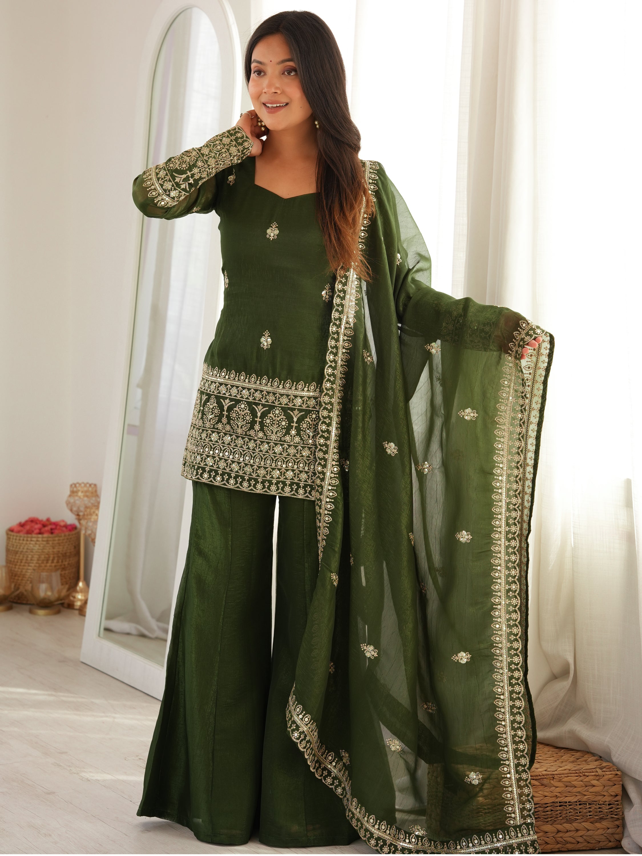 Stupendous Green Zari Work Silk Mehendi Wear Palazzo Suit