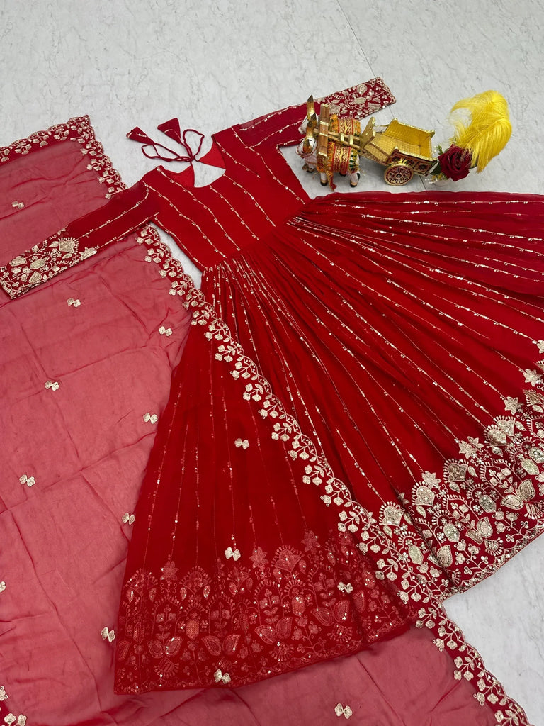 Lovely Red Sequins Georgette Engagement Wear Gown With Dupatta