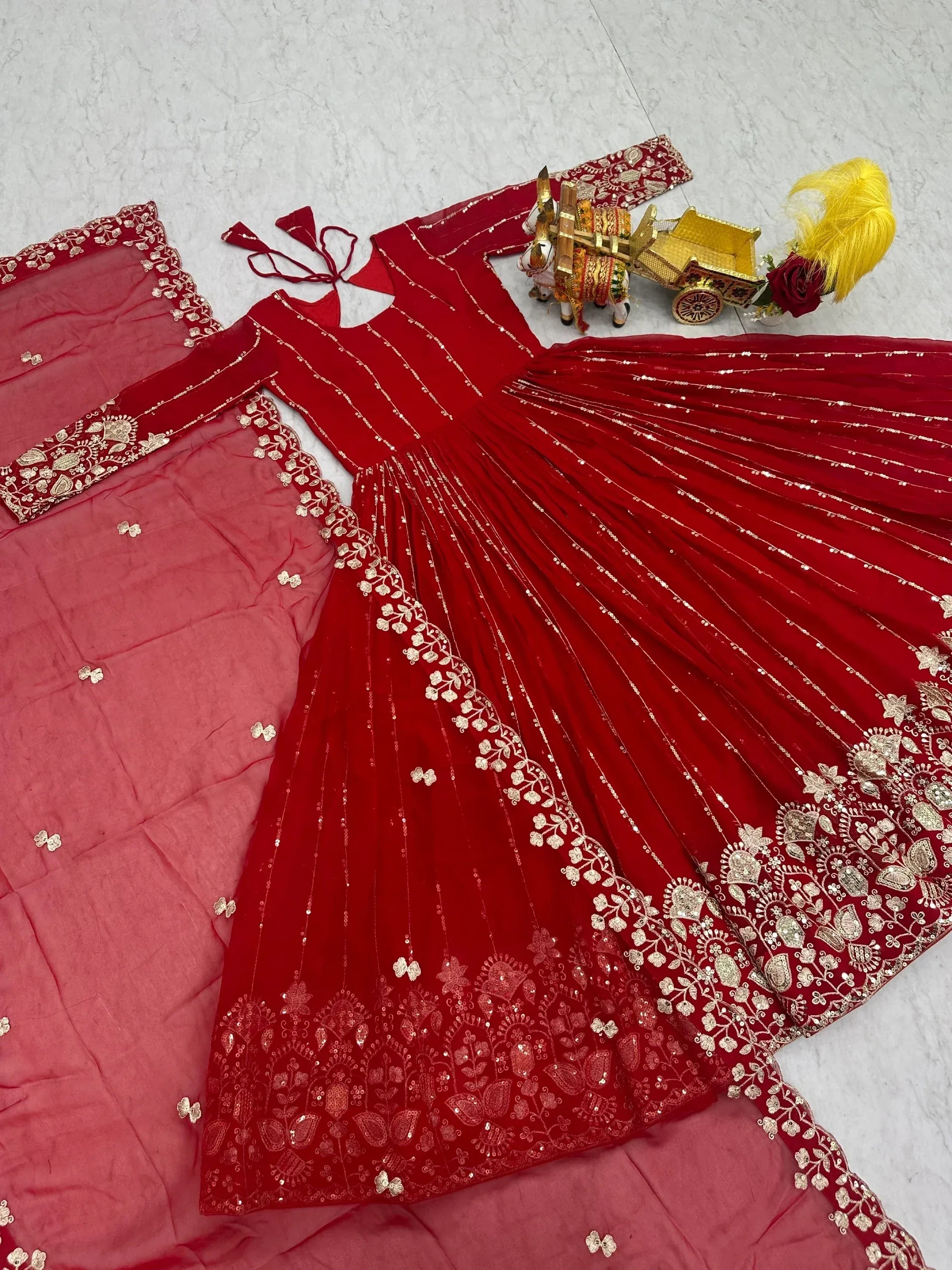 Lovely Red Sequins Georgette Engagement Wear Gown With Dupatta