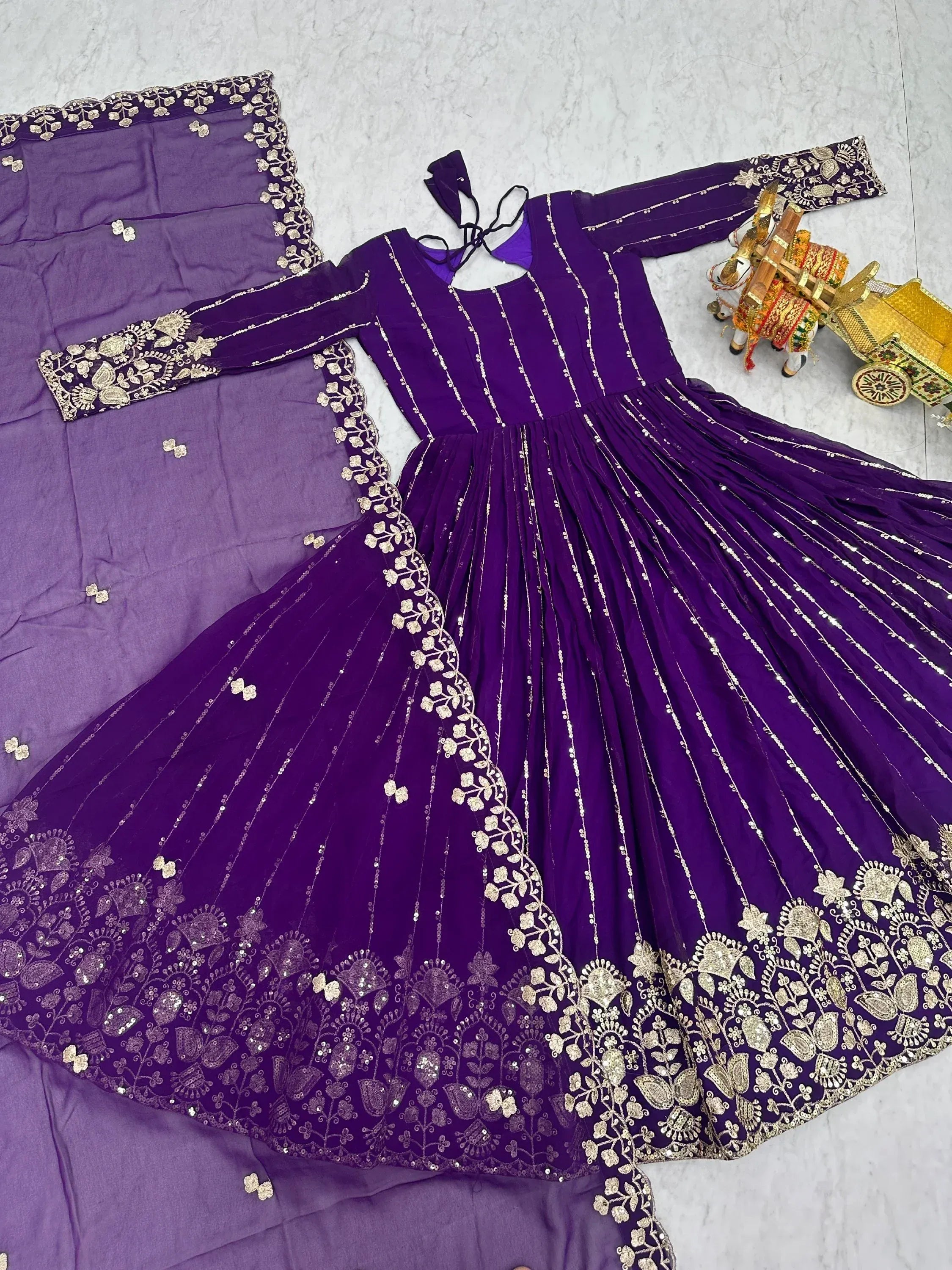 Stunning Purple Sequins Georgette Evening Wear Gown With Dupatta