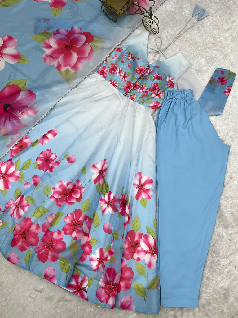Incredible Sky Blue Floral Printed Silk Festive Wear Anarkali Suit With Dupatta