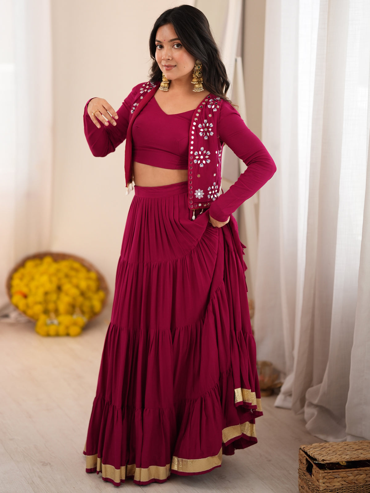 Rich Magenta Rayon Navratri Wear Lehenga Choli With Thread Work Koti