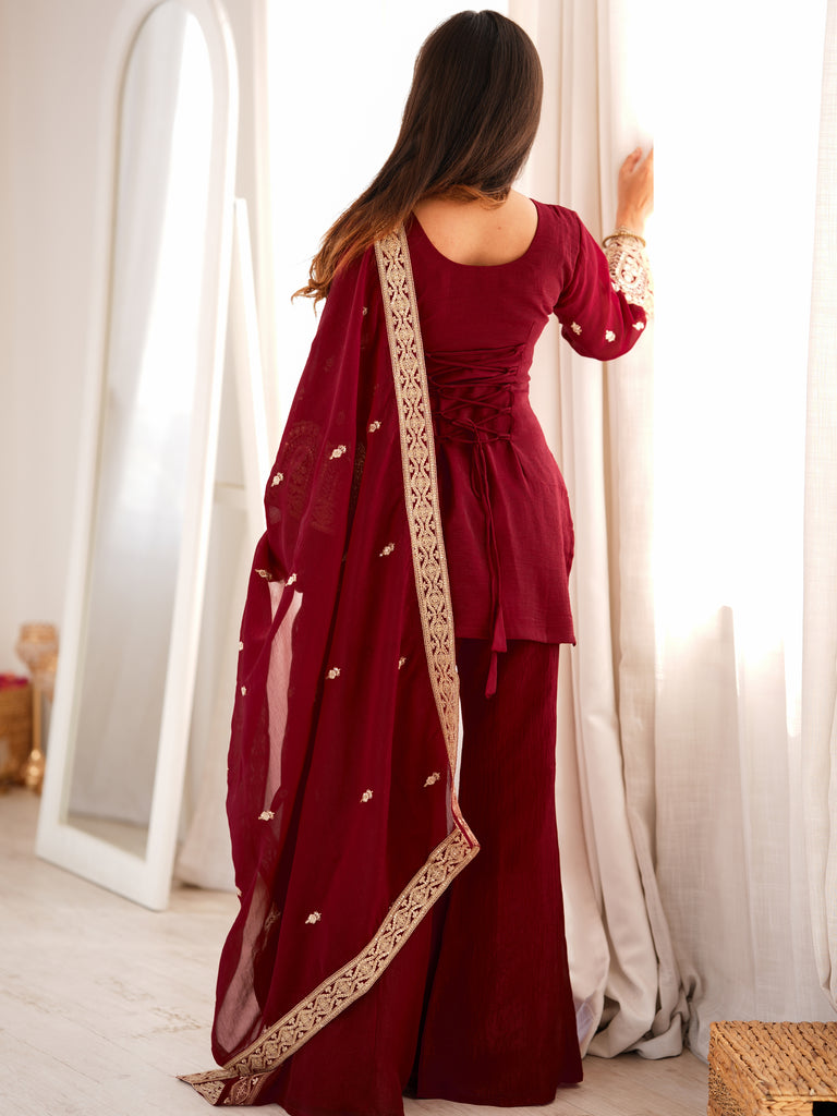 Graceful Maroon Embroidered Silk Festive Special Palazzo Suit