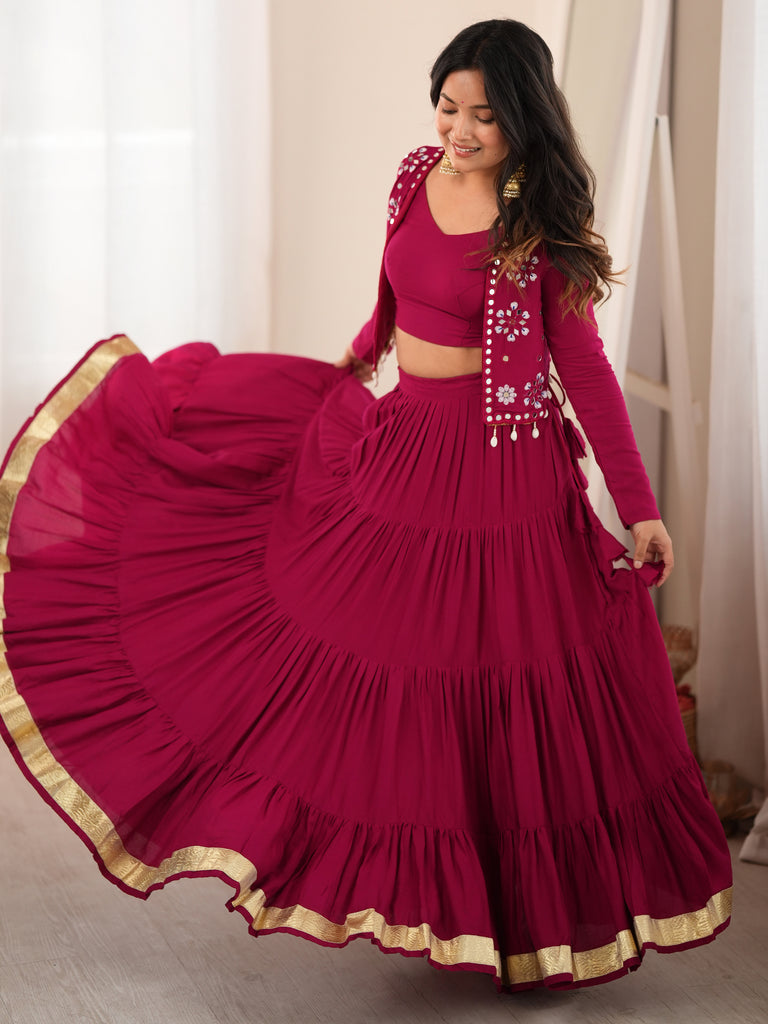 Rich Magenta Rayon Navratri Wear Lehenga Choli With Thread Work Koti