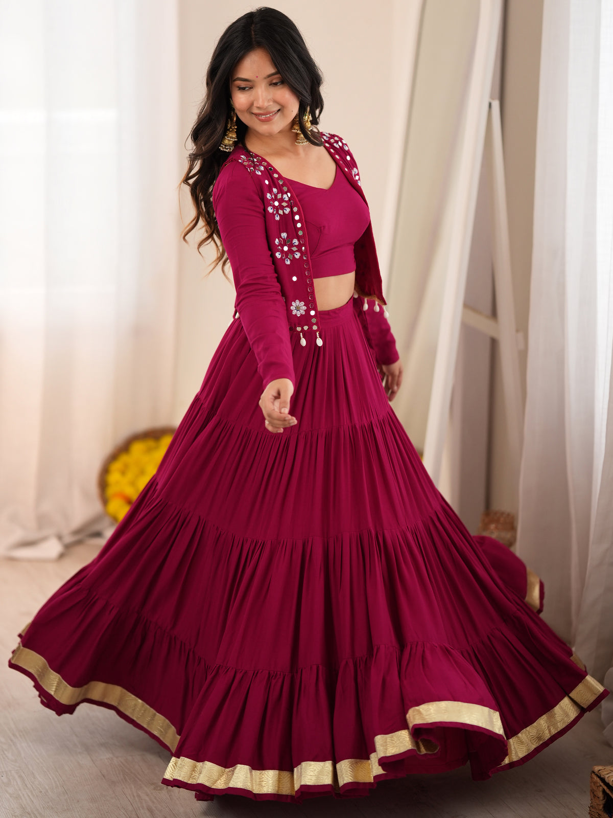 Rich Magenta Rayon Navratri Wear Lehenga Choli With Thread Work Koti