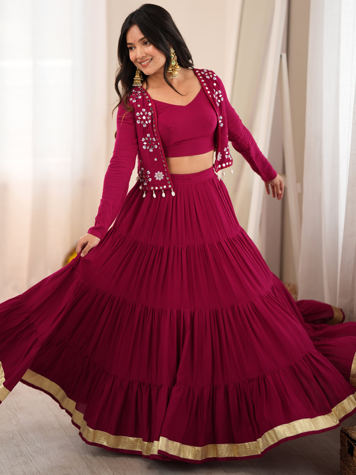 Rich Magenta Rayon Navratri Wear Lehenga Choli With Thread Work Koti