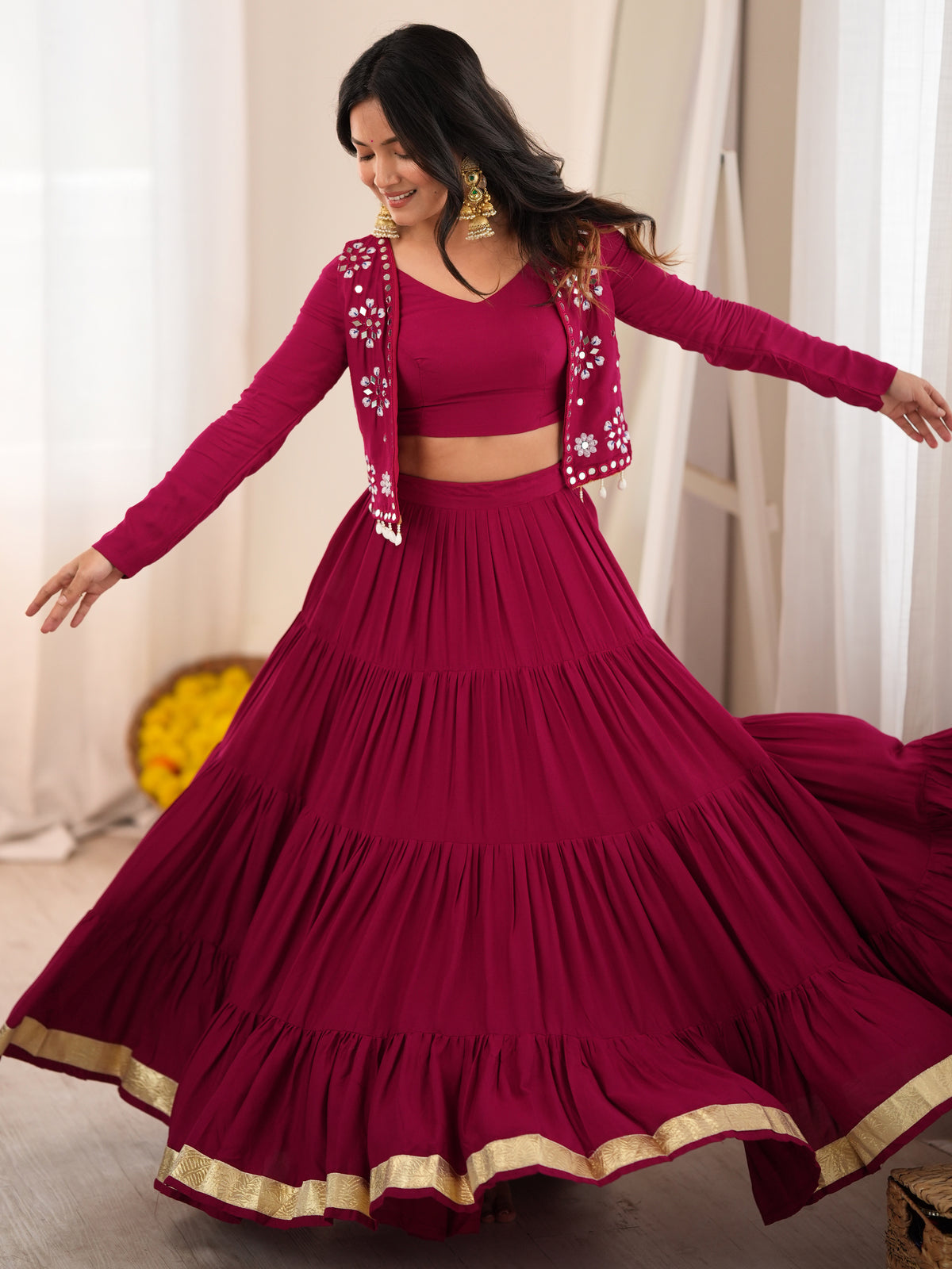 Rich Magenta Rayon Navratri Wear Lehenga Choli With Thread Work Koti