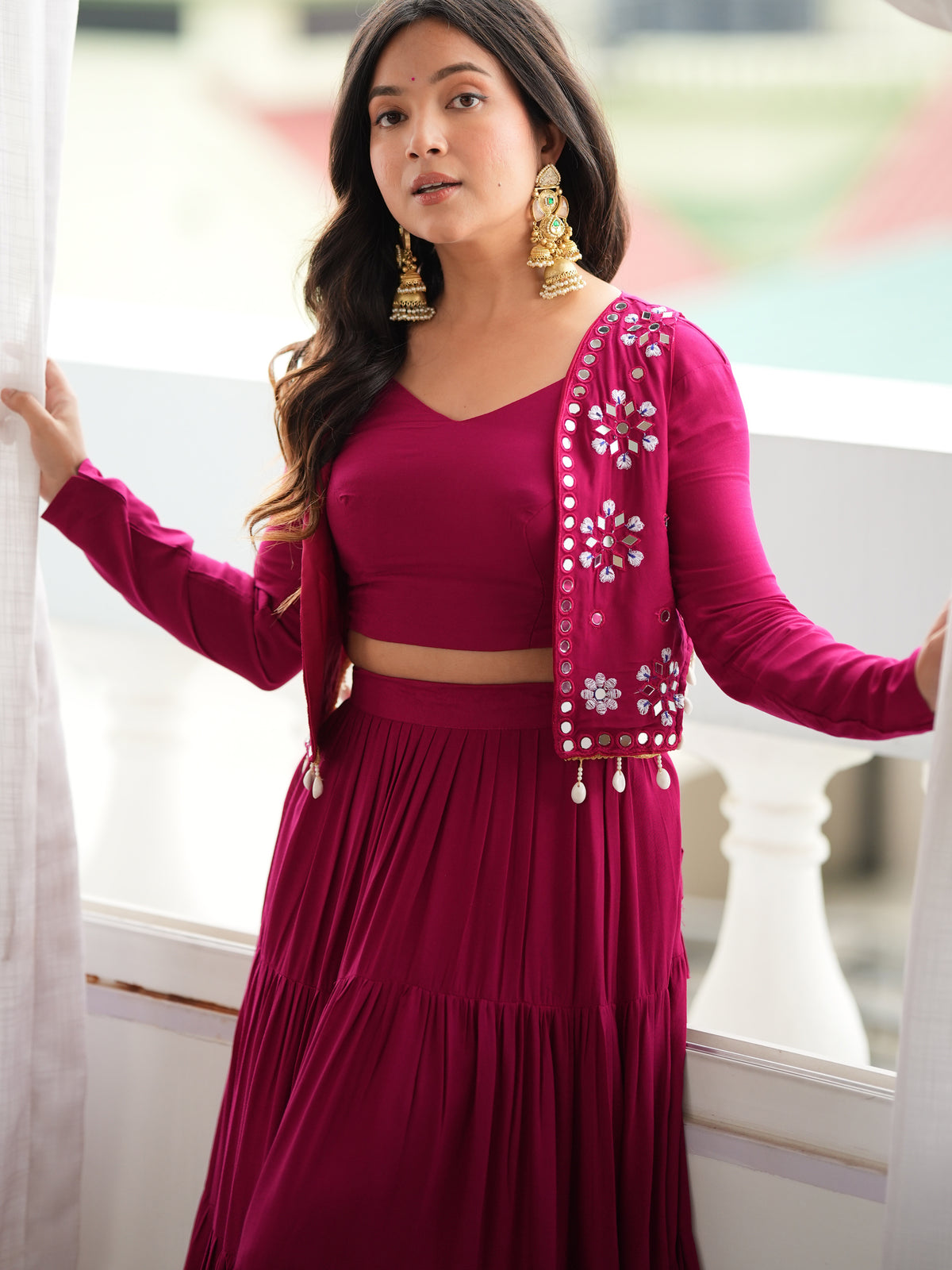 Rich Magenta Rayon Navratri Wear Lehenga Choli With Thread Work Koti