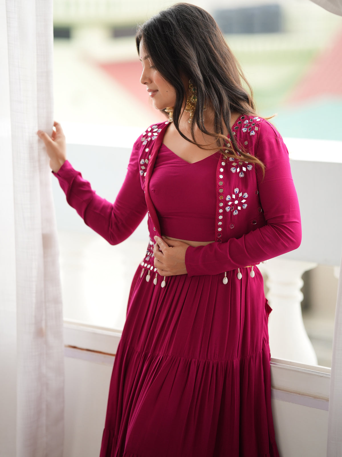 Rich Magenta Rayon Navratri Wear Lehenga Choli With Thread Work Koti
