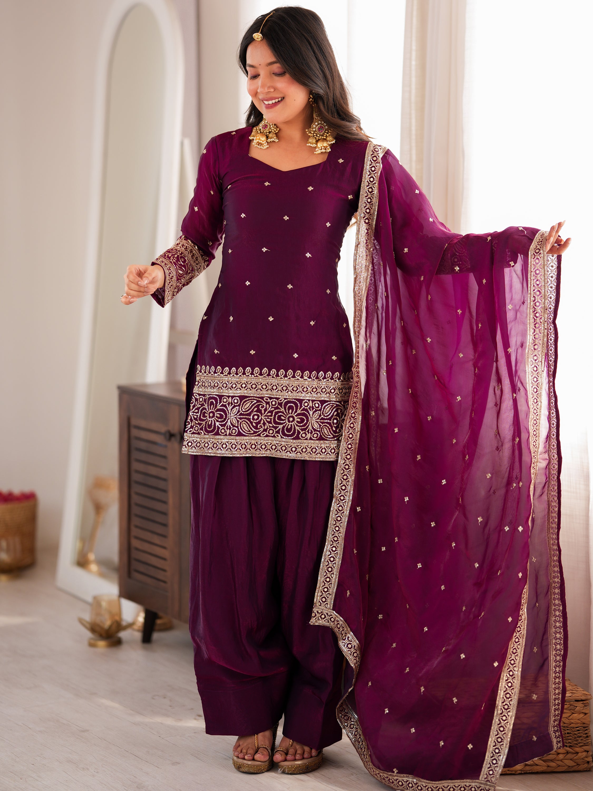 Phenomenal Purple Sequins Silk Festive Wear Salwar Suit