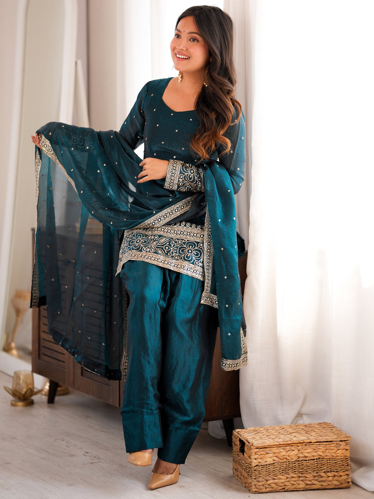 Amazeballs Teal Blue Embroidered Silk Function Wear Salwar Suit
