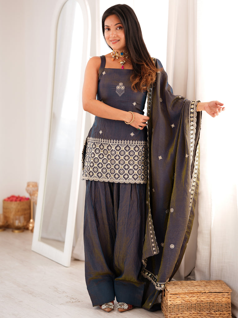 Admirable Grey Dori Embroidered Silk Festive Wear Salwar Suit