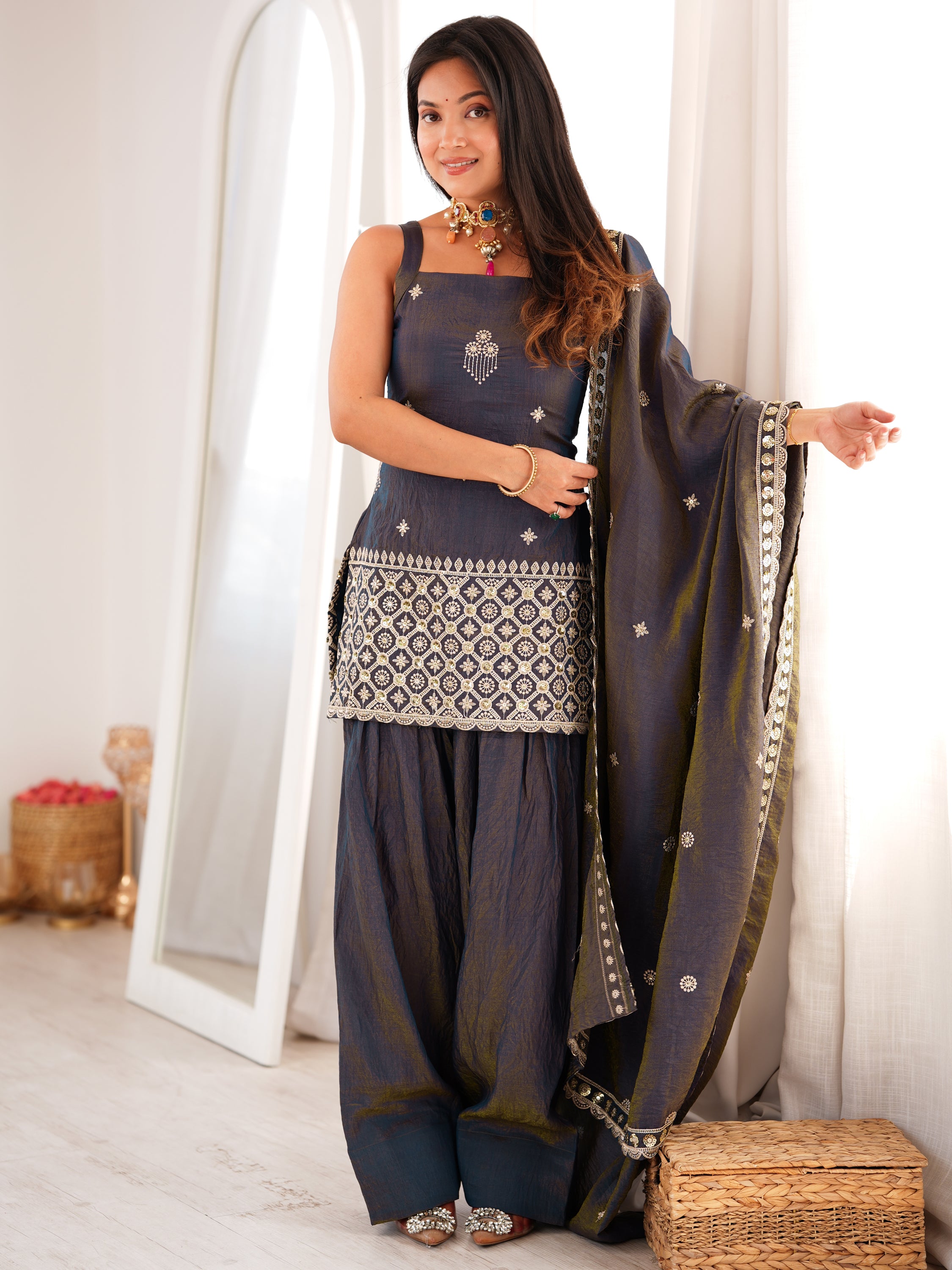 Admirable Grey Dori Embroidered Silk Festive Wear Salwar Suit