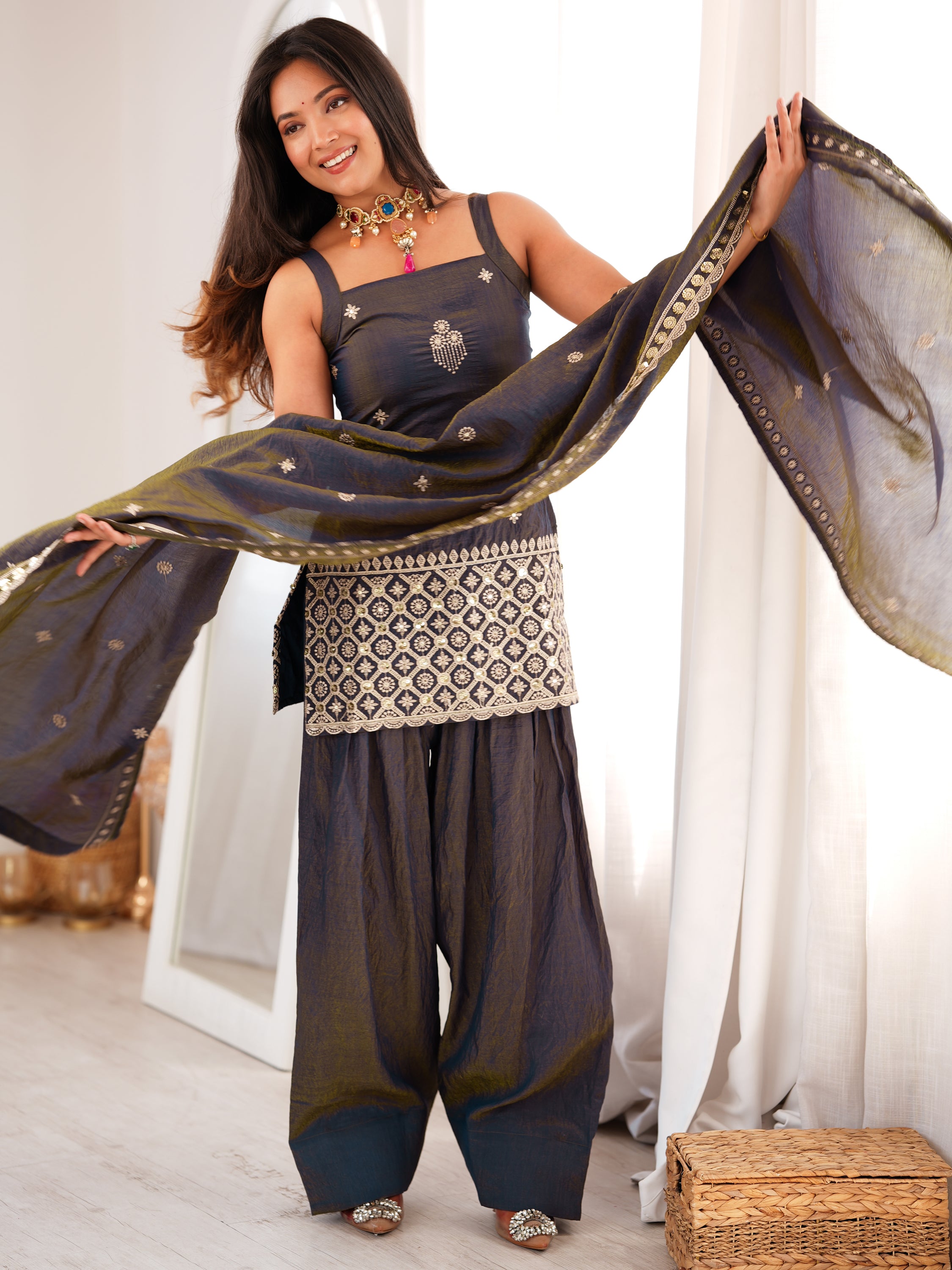Admirable Grey Dori Embroidered Silk Festive Wear Salwar Suit