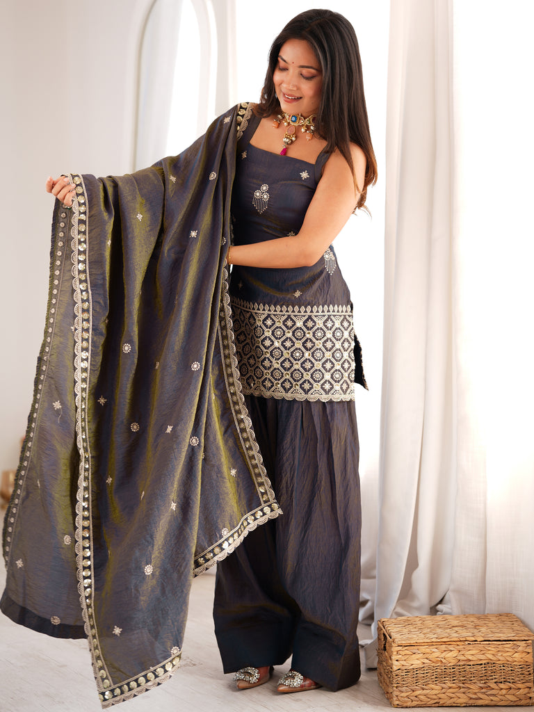 Admirable Grey Dori Embroidered Silk Festive Wear Salwar Suit