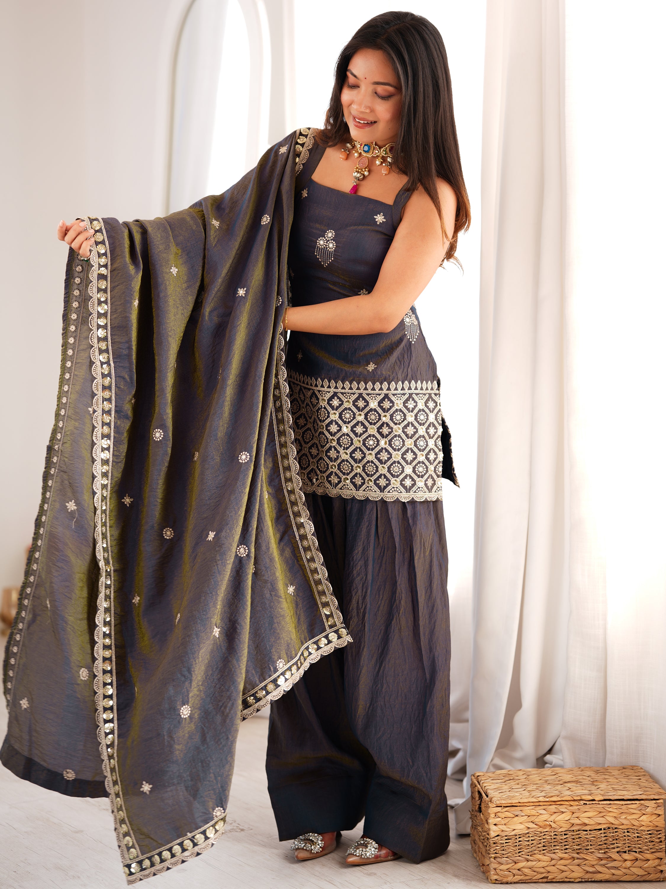 Admirable Grey Dori Embroidered Silk Festive Wear Salwar Suit