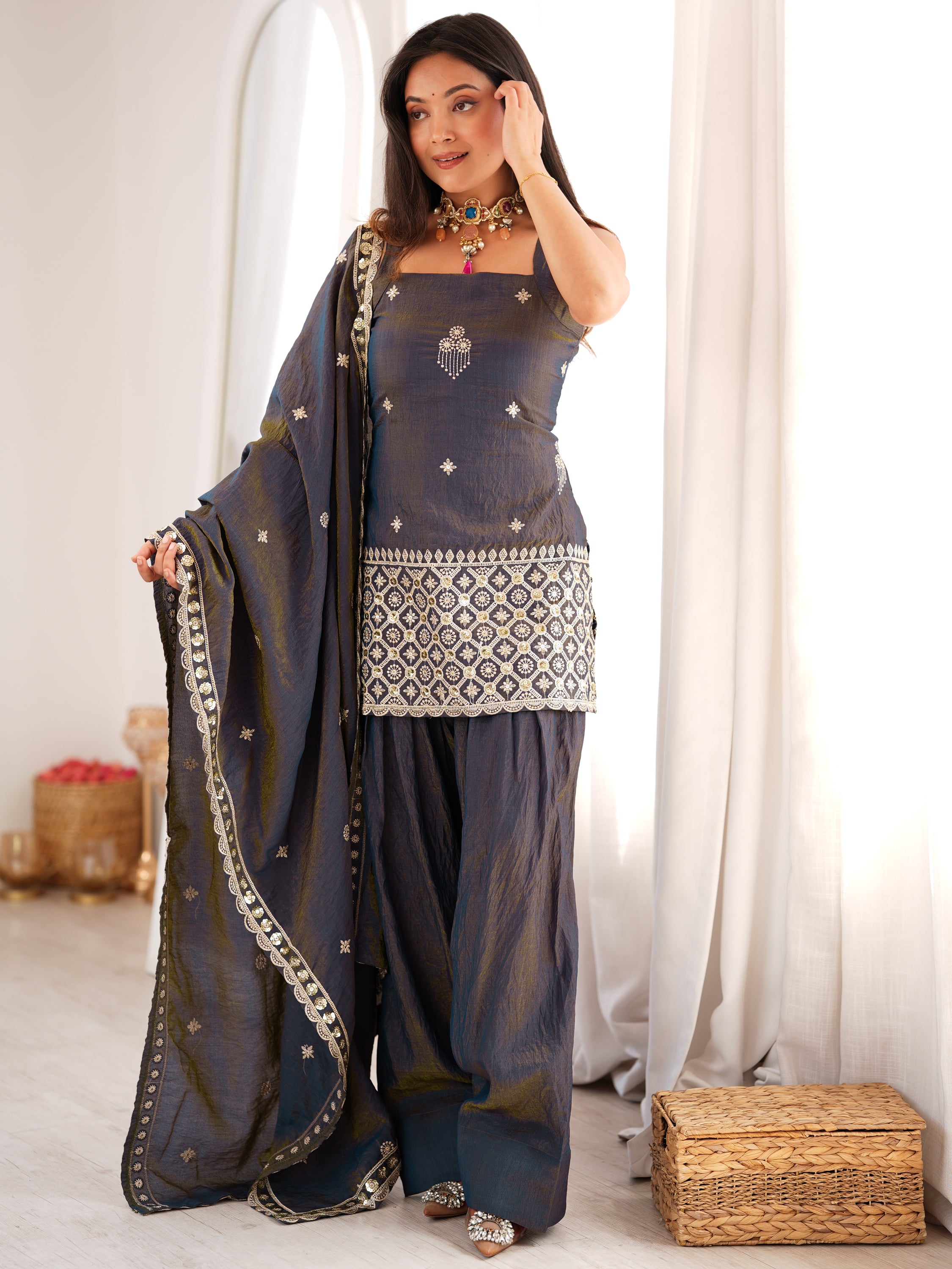 Admirable Grey Dori Embroidered Silk Festive Wear Salwar Suit