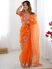 Beautiful Orange Embroidered Organza Festive Wear Saree With Blouse