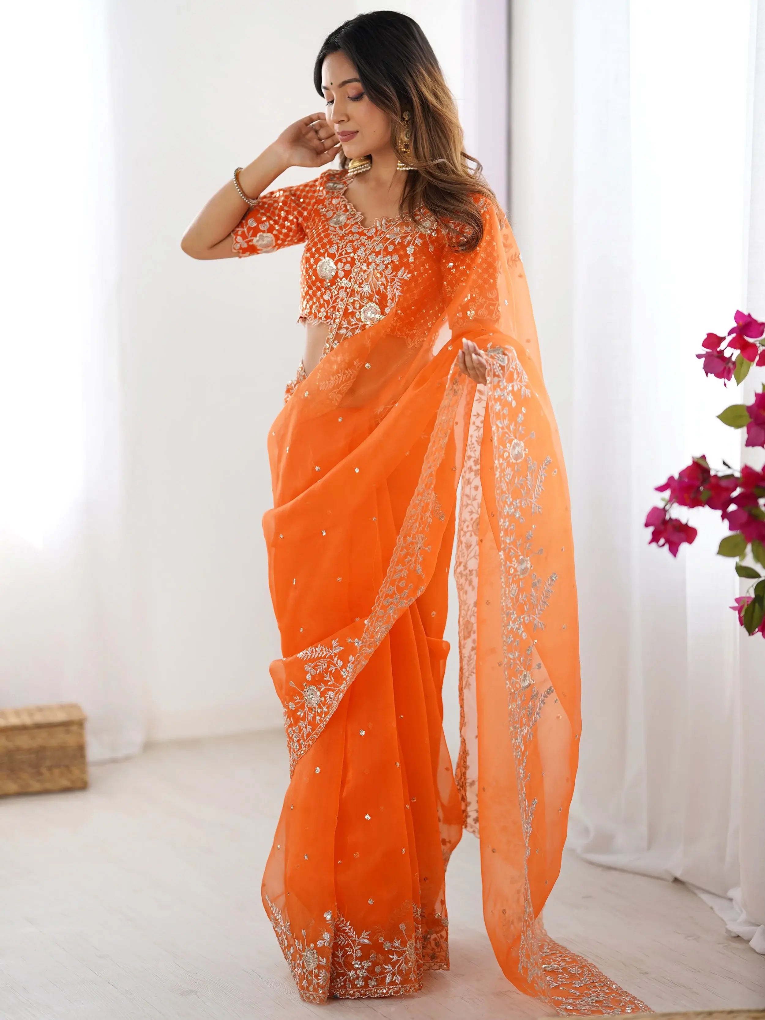 Beautiful Orange Embroidered Organza Festive Wear Saree With Blouse
