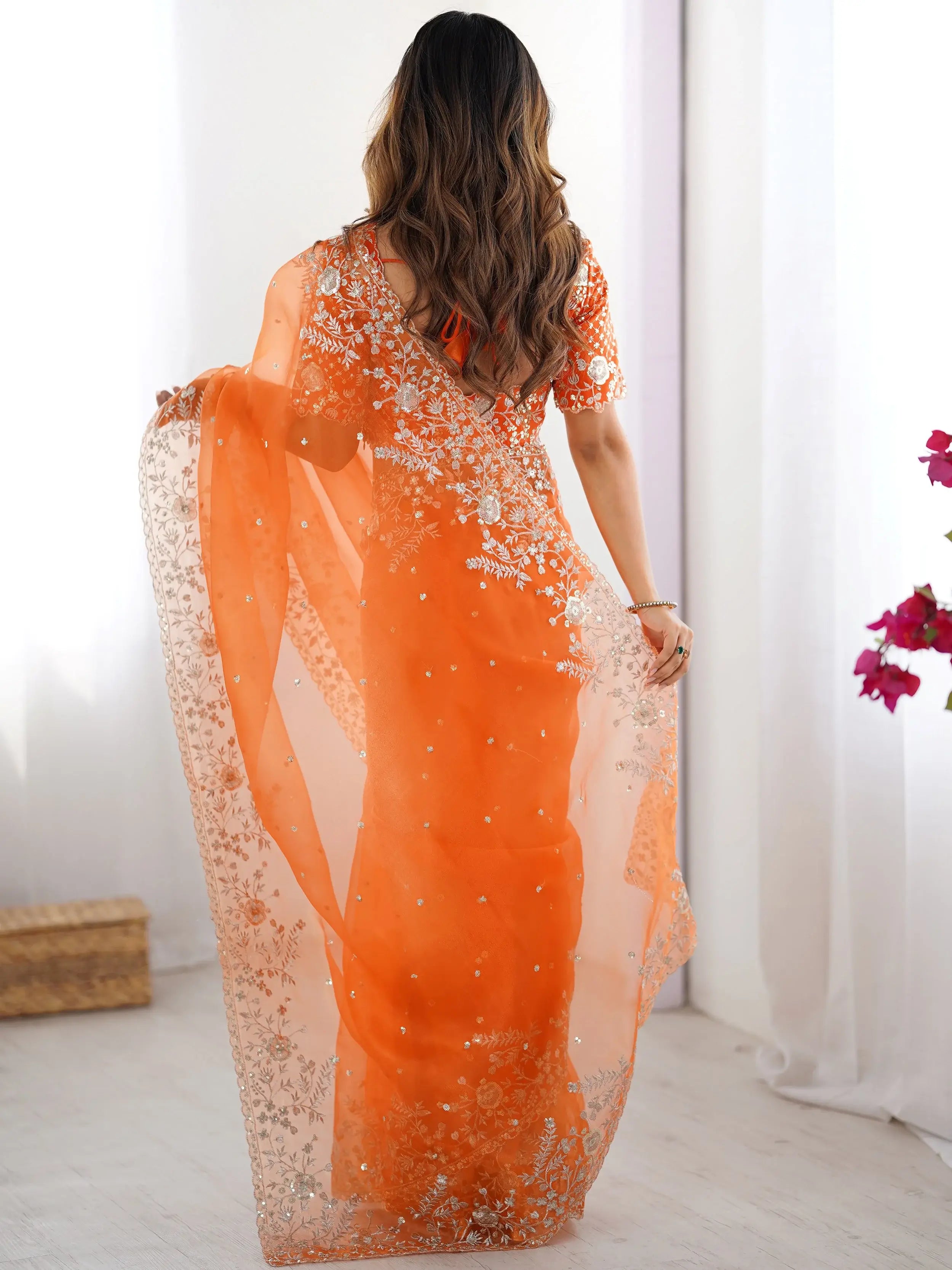 Beautiful Orange Embroidered Organza Festive Wear Saree With Blouse