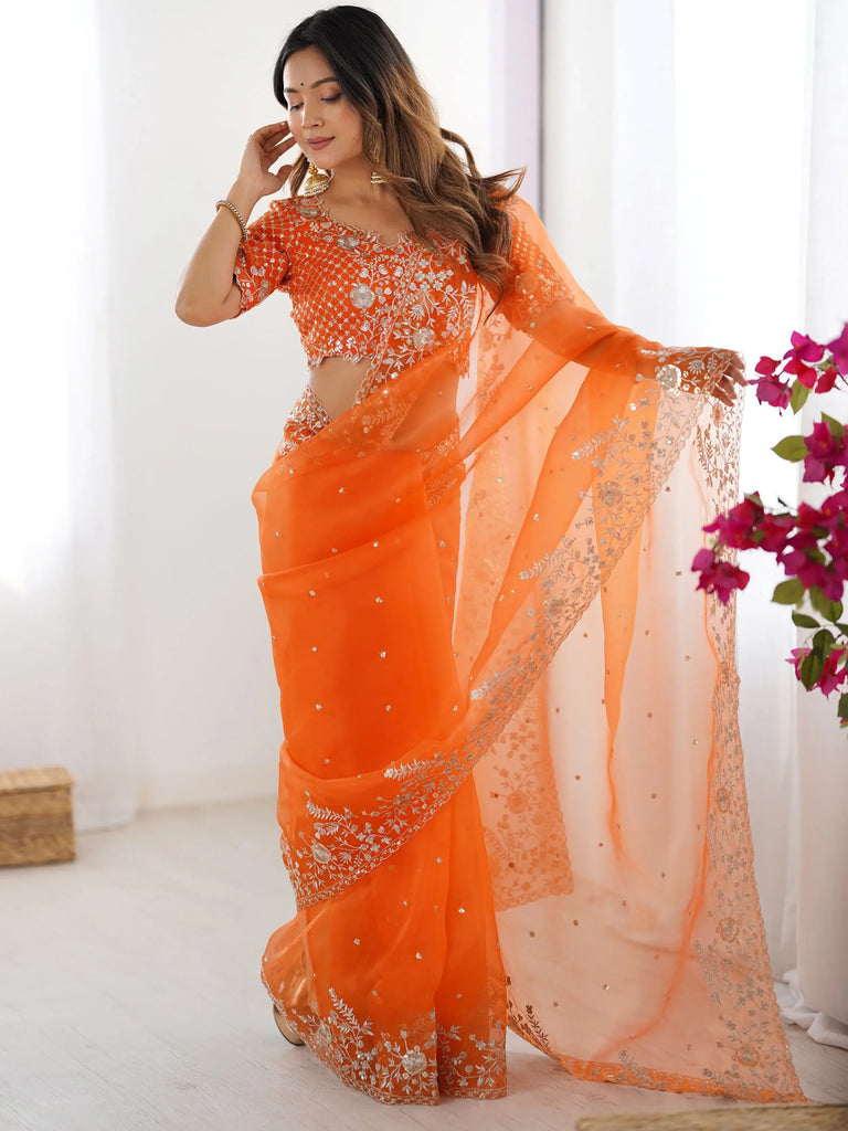 Beautiful Orange Embroidered Organza Festive Wear Saree With Blouse