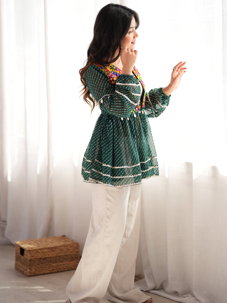 Wonderful Bottle Green Embroidered Georgette Navratri Special Top