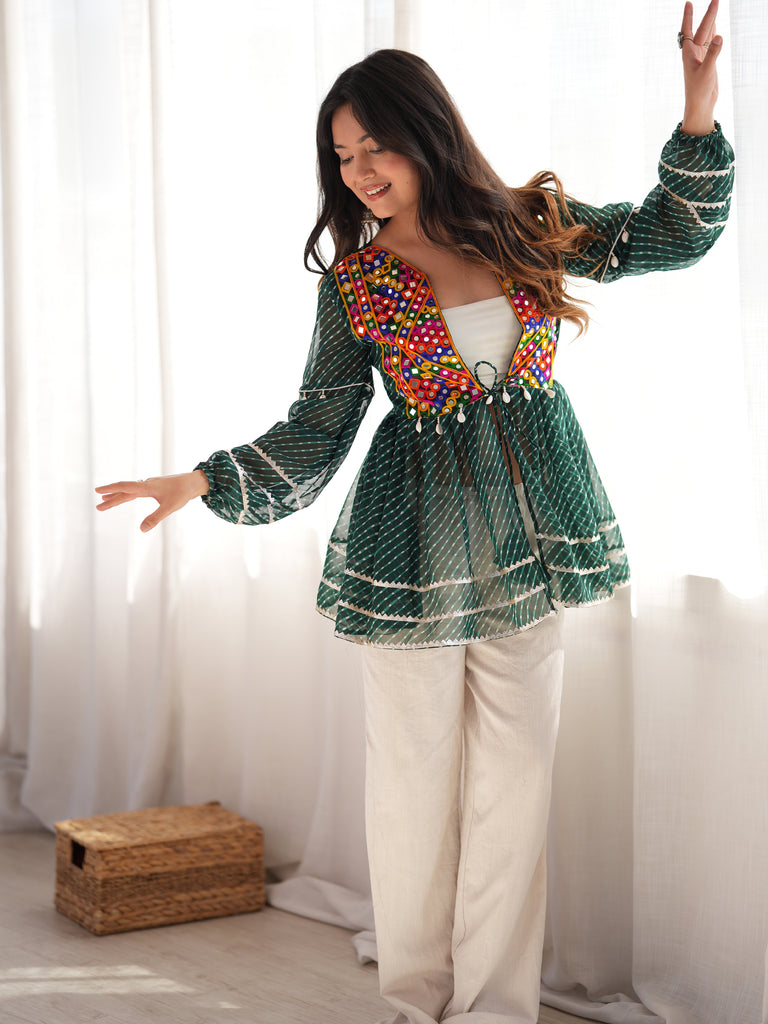 Wonderful Green Embroidered Georgette Navratri Special Top