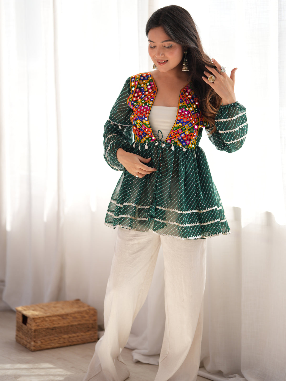 Wonderful Green Embroidered Georgette Navratri Special Top