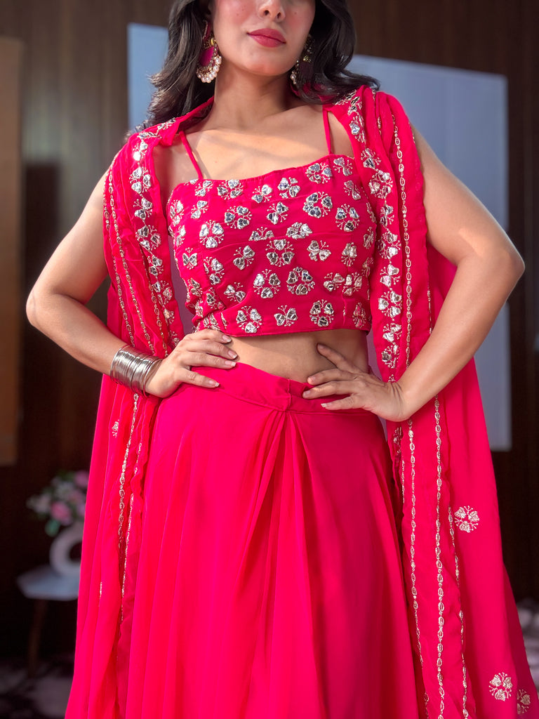 Chic Rani Pink Paper Mirror Work Party Wear Crop Top Lehenga With Shrug