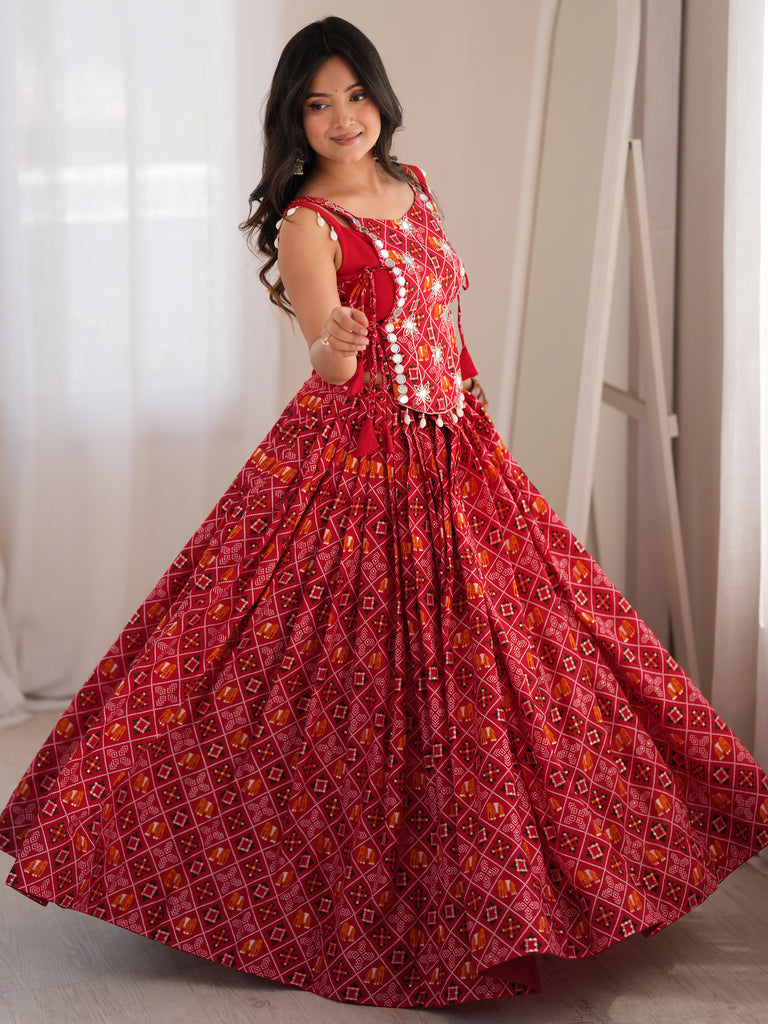 Regal Coral Red Digital Printed Navratri Wear Lehenga Choli With Koti