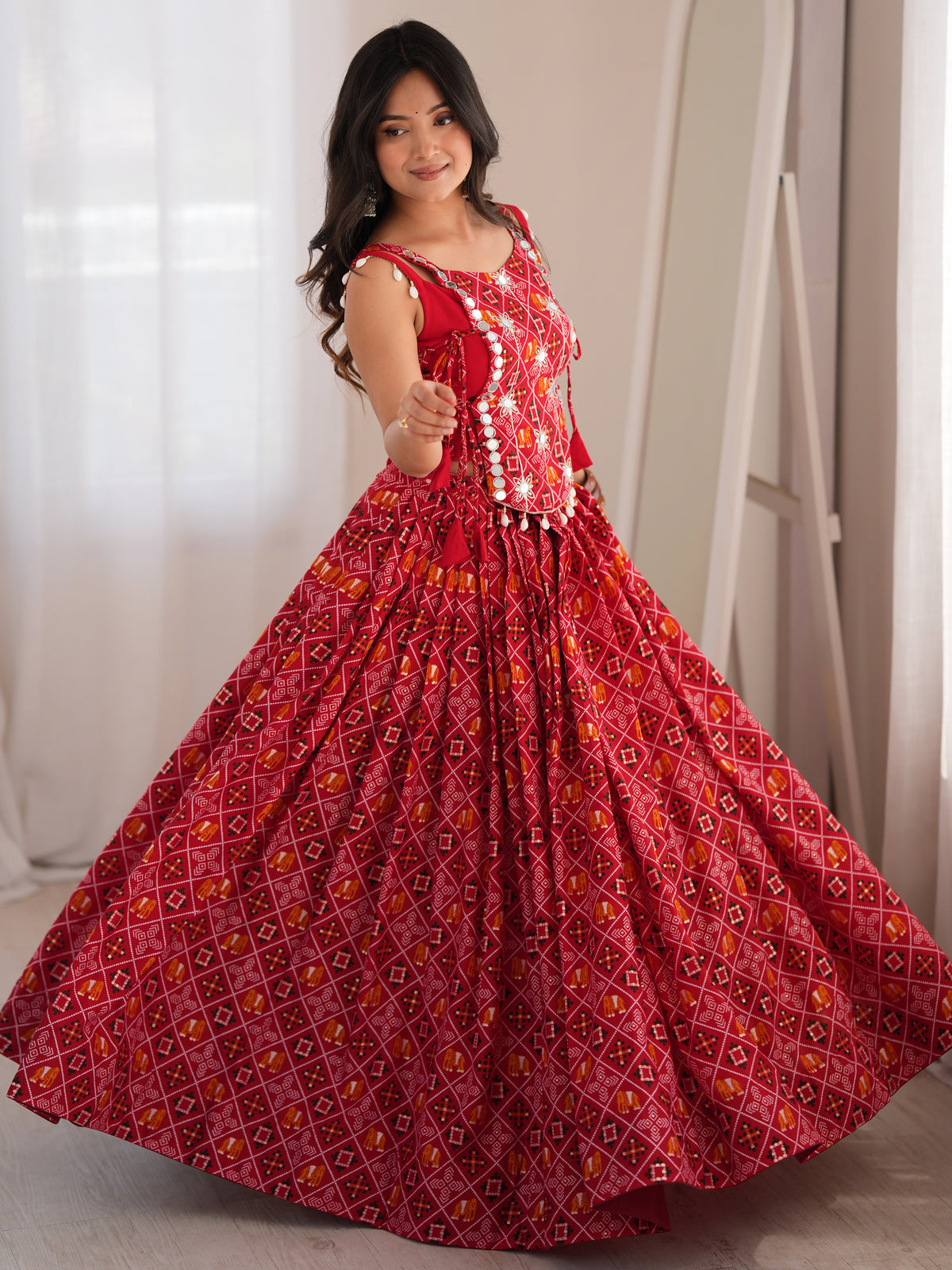 Regal Coral Red Digital Printed Navratri Wear Lehenga Choli With Koti