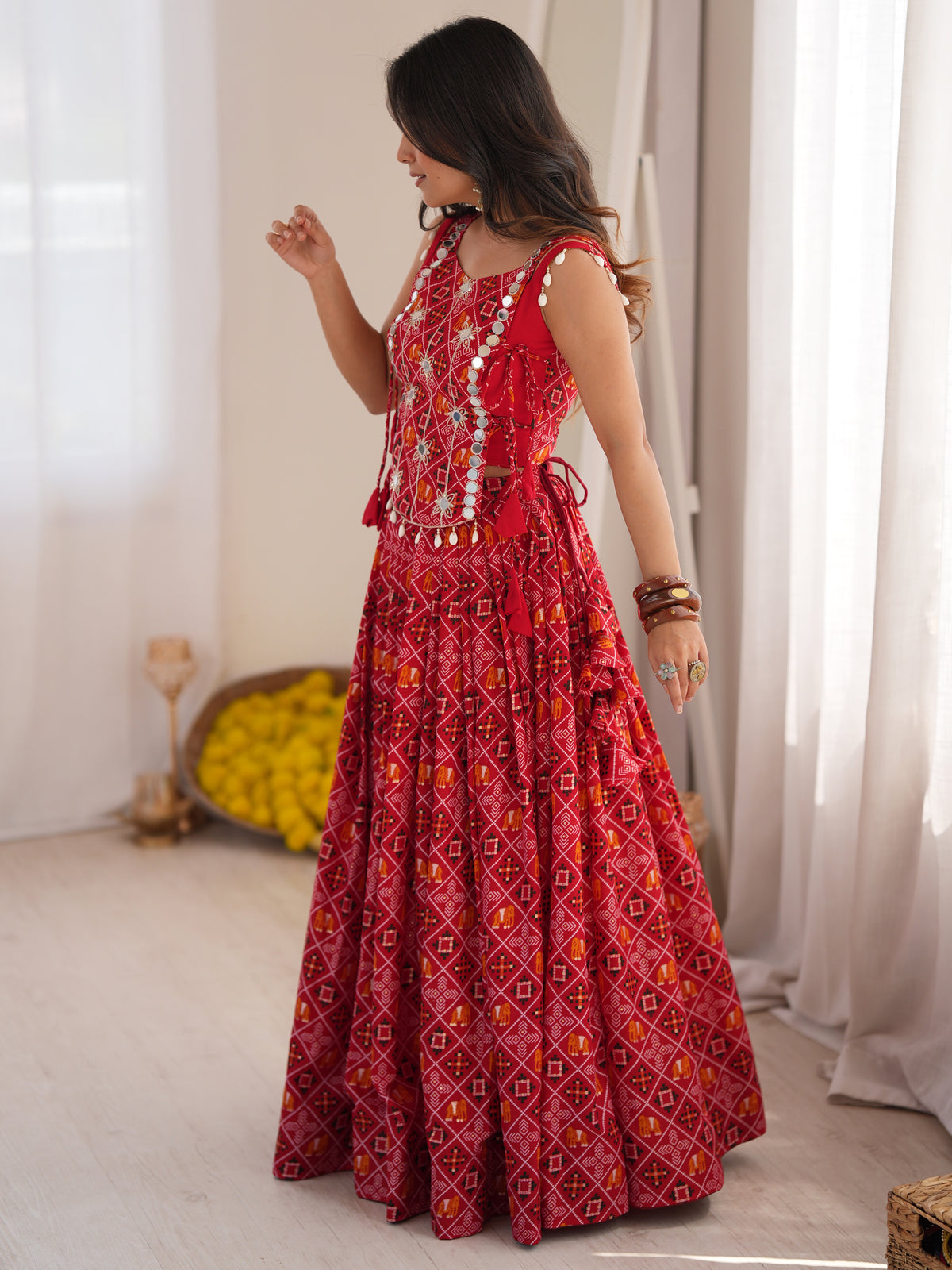 Regal Coral Red Digital Printed Navratri Wear Lehenga Choli With Koti