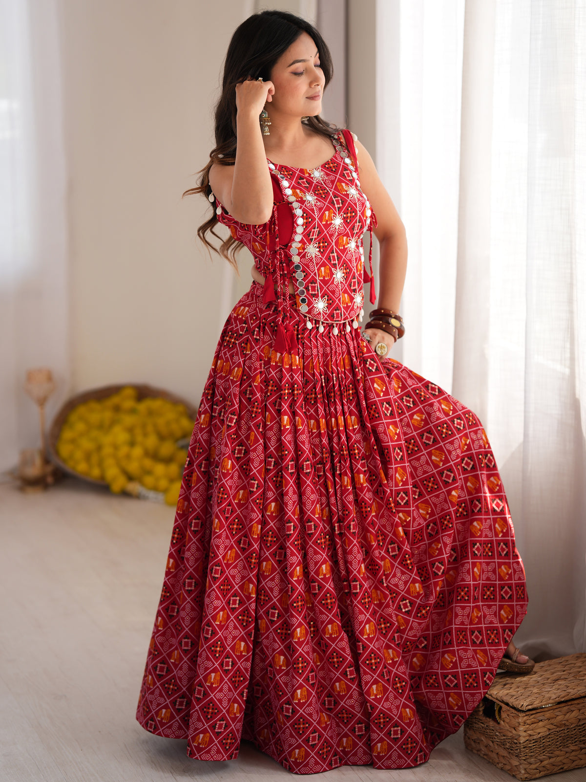 Regal Coral Red Digital Printed Navratri Wear Lehenga Choli With Koti