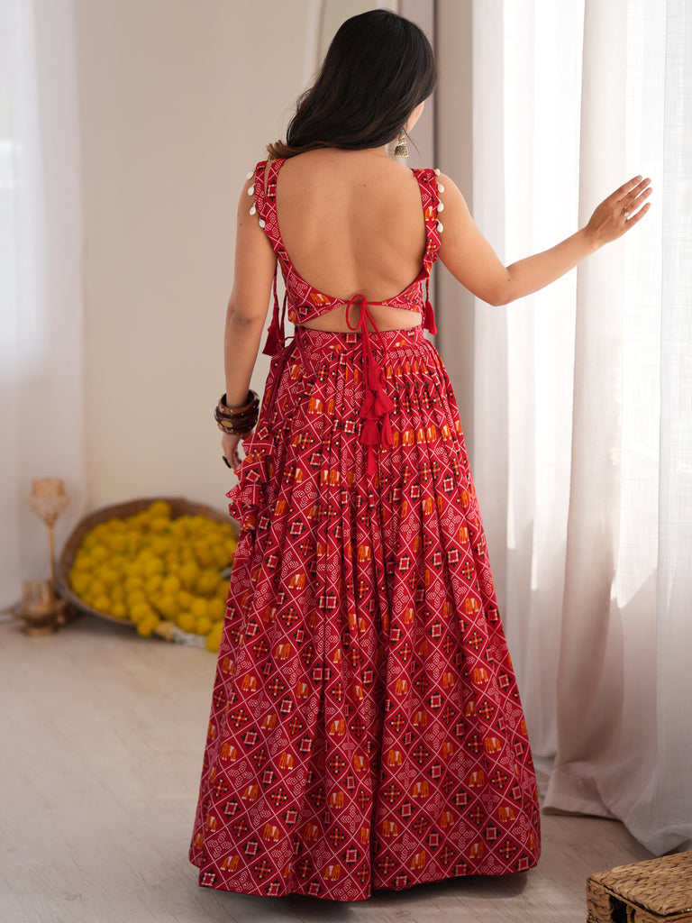 Regal Coral Red Digital Printed Navratri Wear Lehenga Choli With Koti