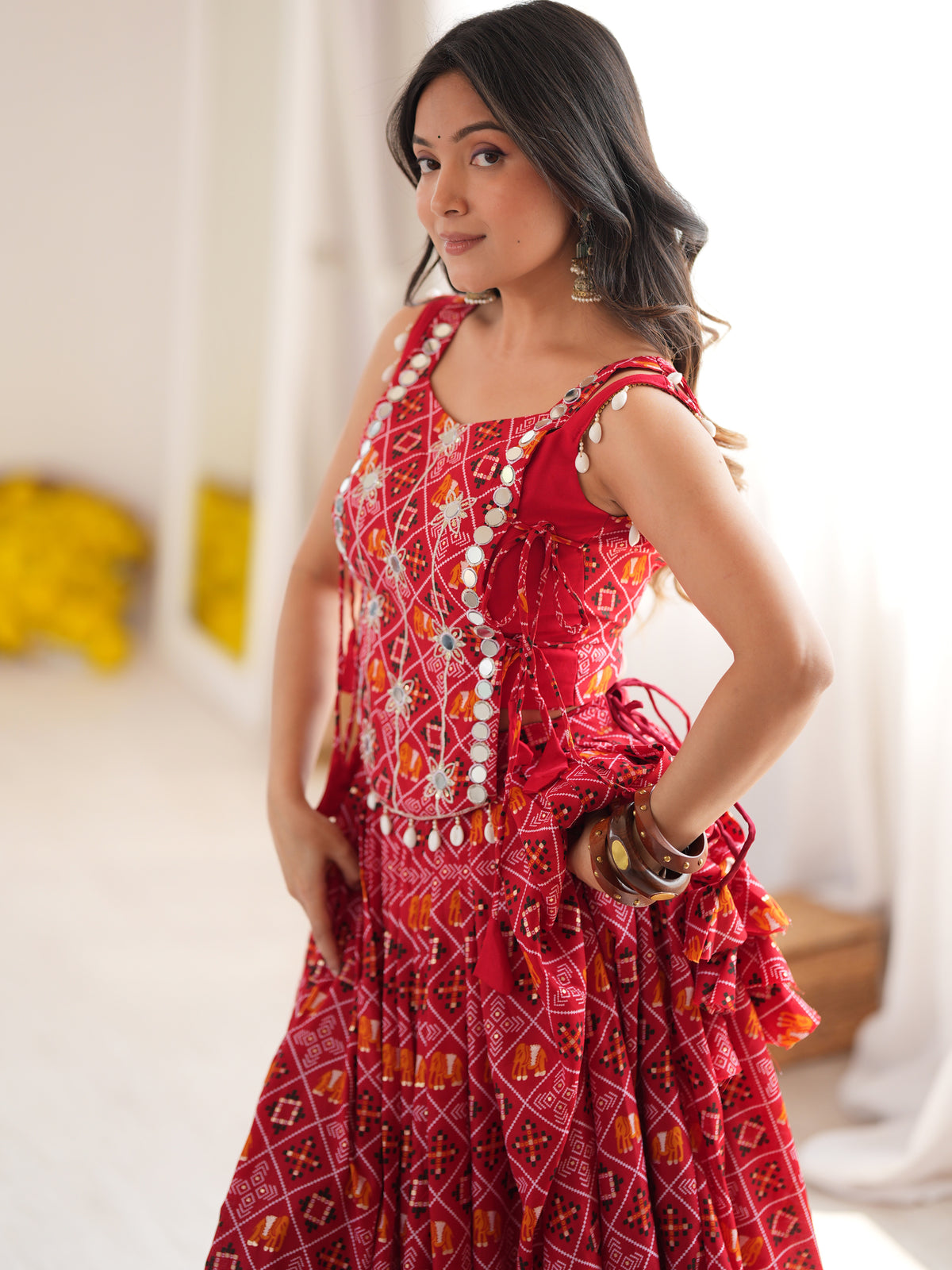 Regal Coral Red Digital Printed Navratri Wear Lehenga Choli With Koti