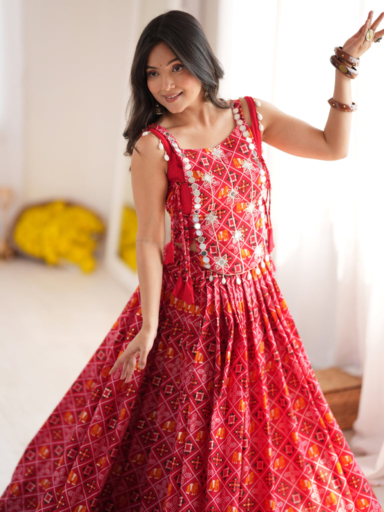 Regal Coral Red Digital Printed Navratri Wear Lehenga Choli With Koti