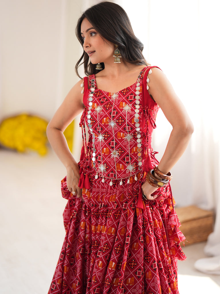 Regal Coral Red Digital Printed Navratri Wear Lehenga Choli With Koti
