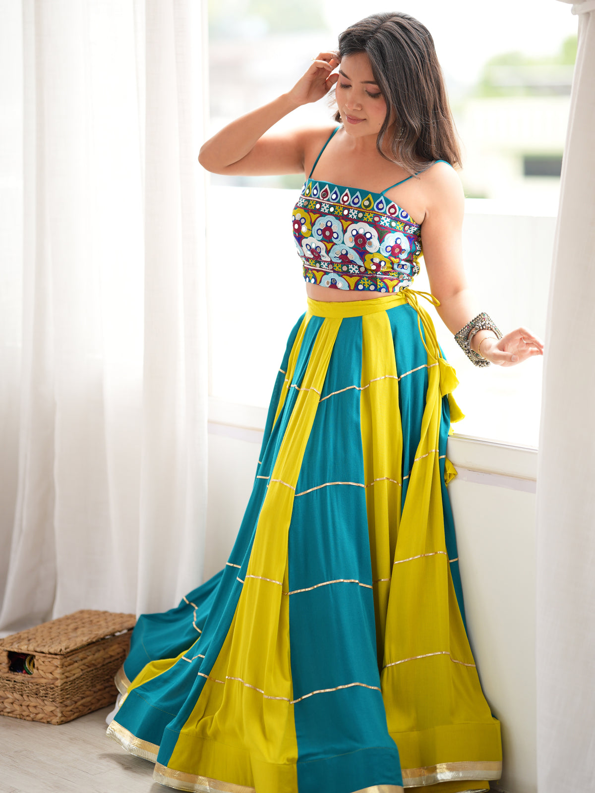 Exclusive Teal Blue Thread Work Rayon Navratri Special Lehenga Choli