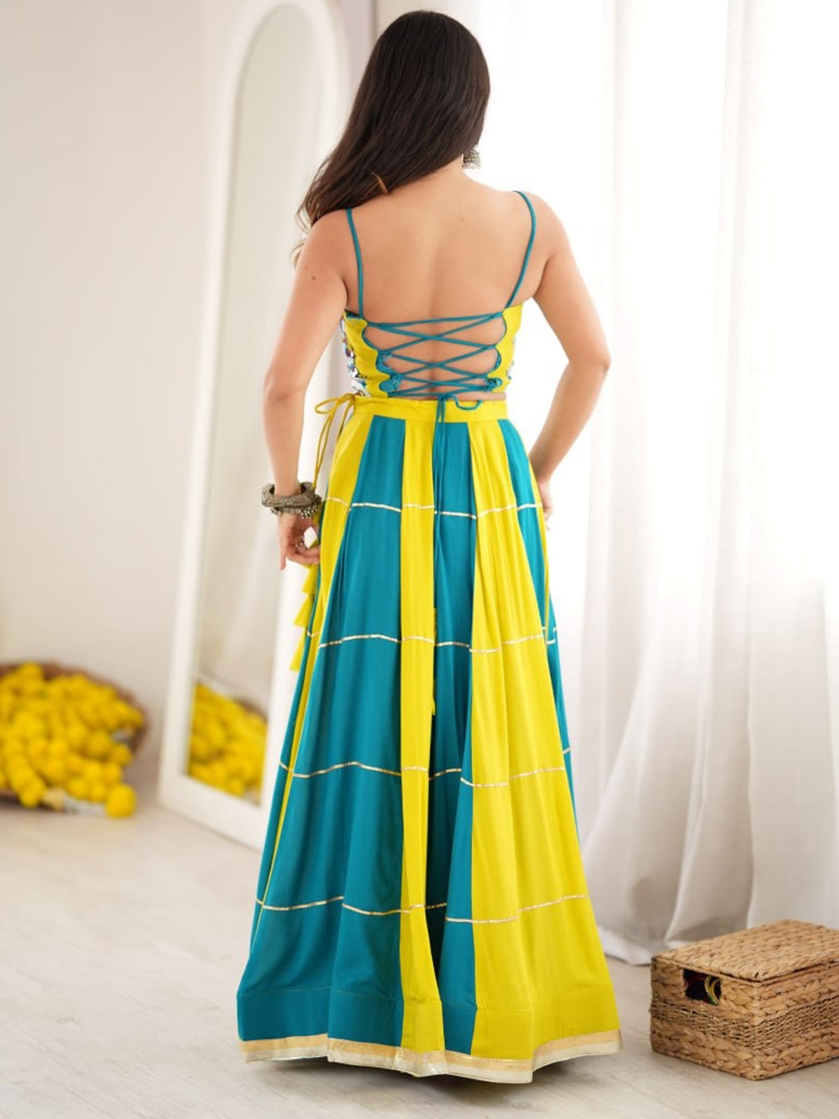 Exclusive Teal Blue Thread Work Rayon Navratri Special Lehenga Choli