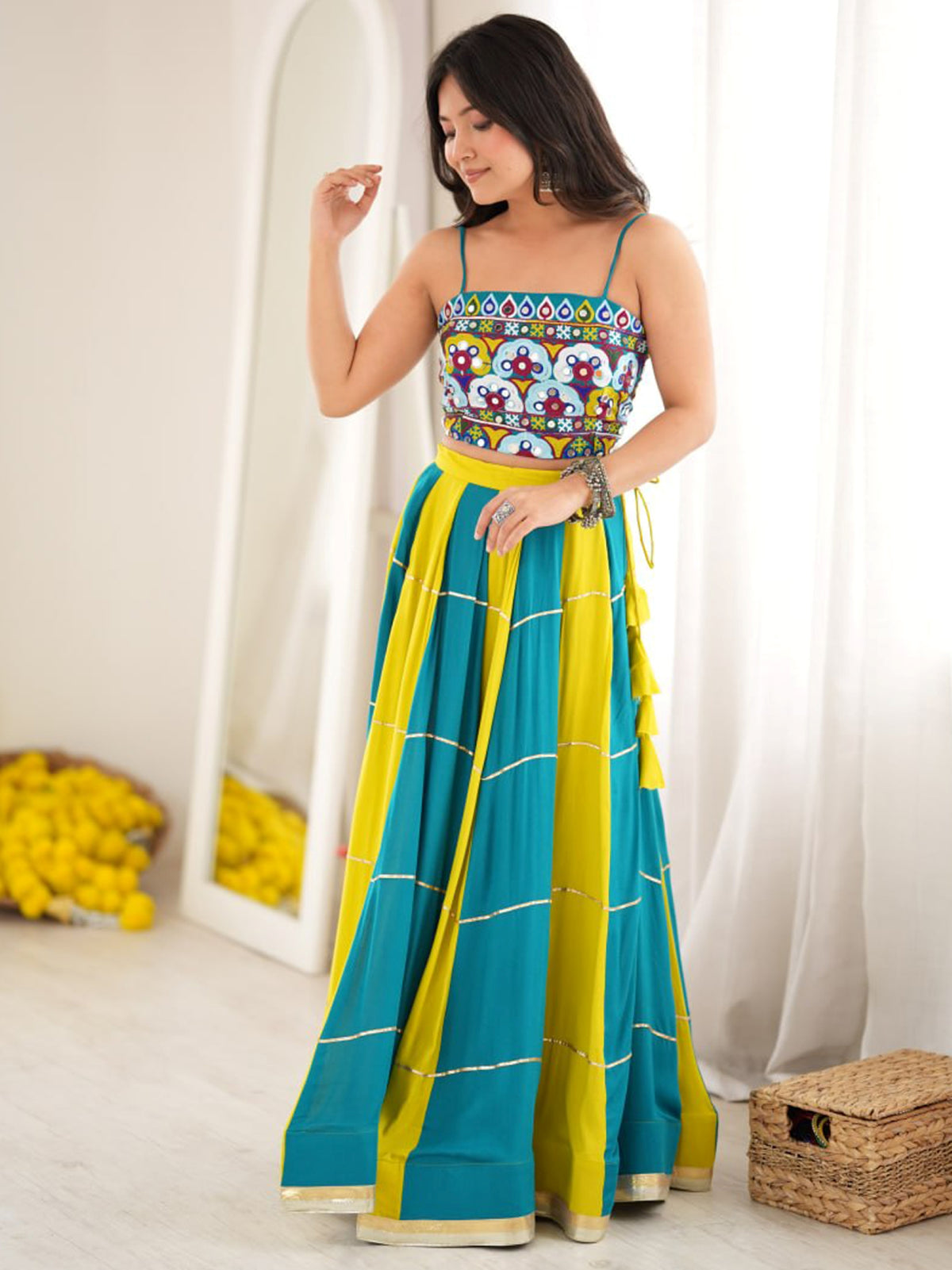 Exclusive Teal Blue Thread Work Rayon Navratri Special Lehenga Choli