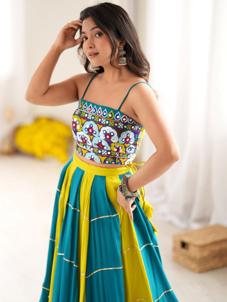 Exclusive Teal Blue Thread Work Rayon Navratri Special Lehenga Choli