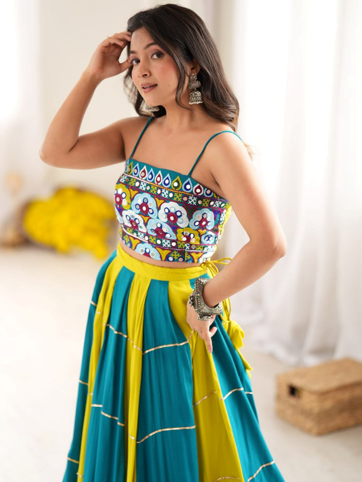 Exclusive Teal Blue Thread Work Rayon Navratri Special Lehenga Choli