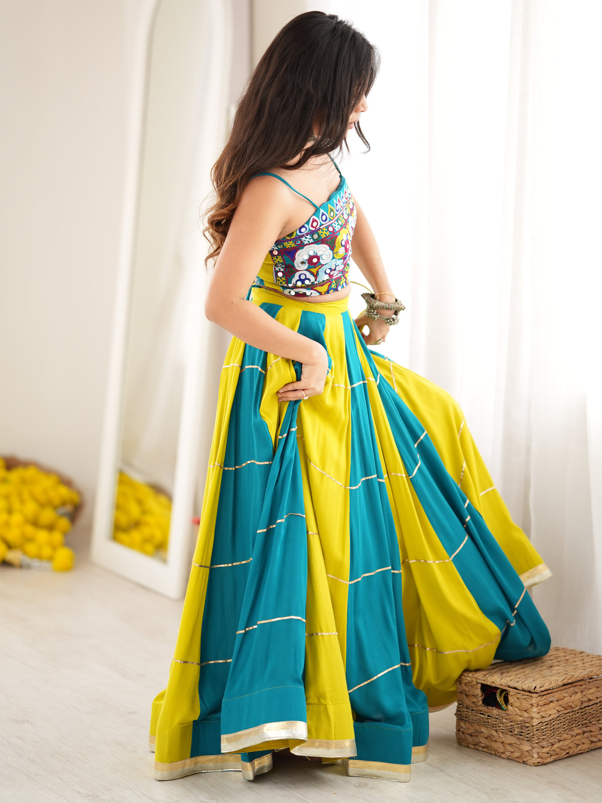 Exclusive Teal Blue Thread Work Rayon Navratri Special Lehenga Choli