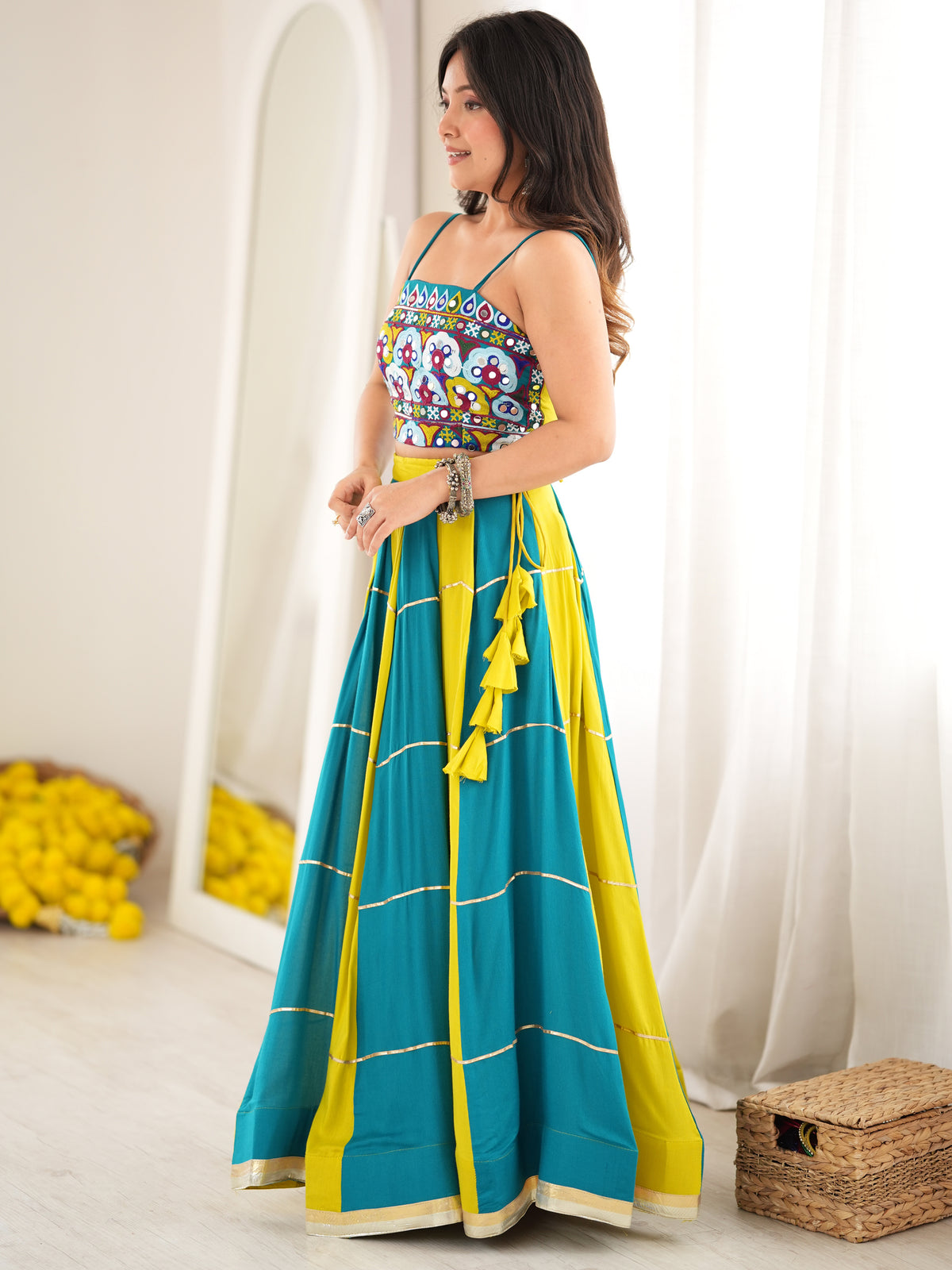 Exclusive Teal Blue Thread Work Rayon Navratri Special Lehenga Choli